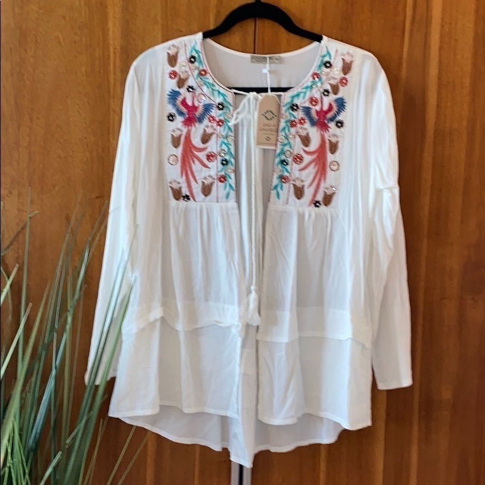 White Embroidered Tassel-Tie Open Front Top M‎ - Picture 4 of 14